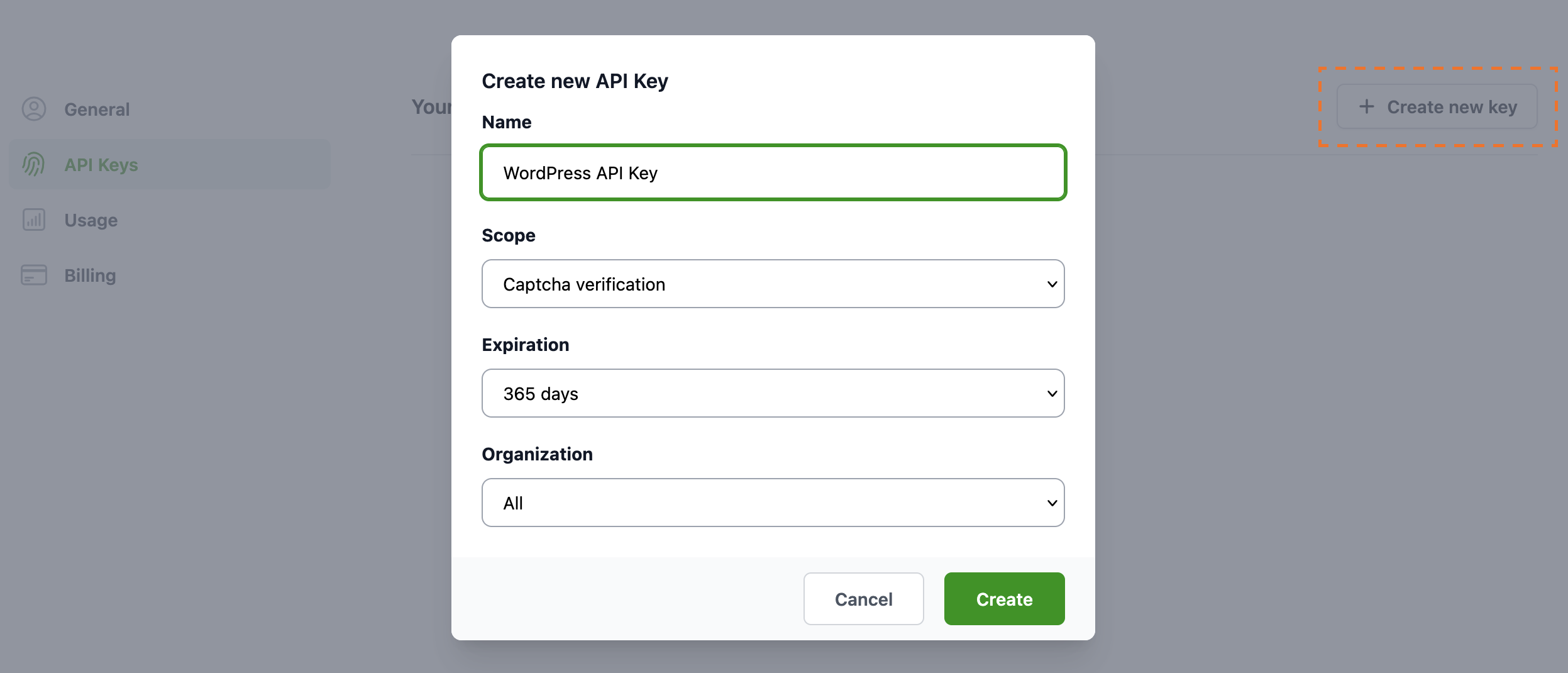 Create a new API key