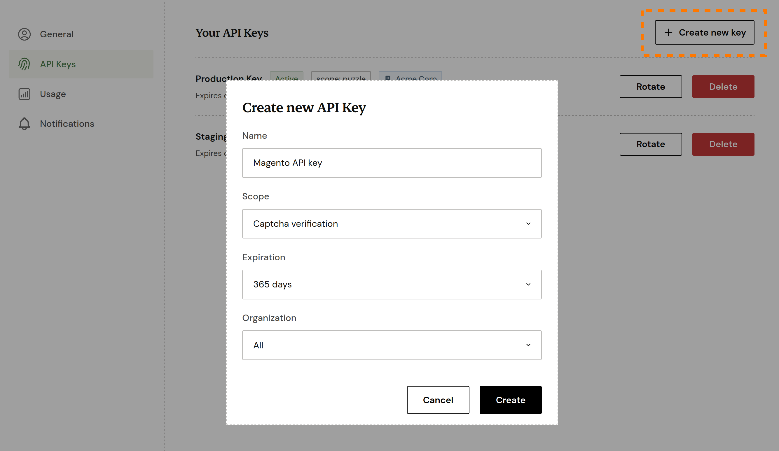 Create a new API key