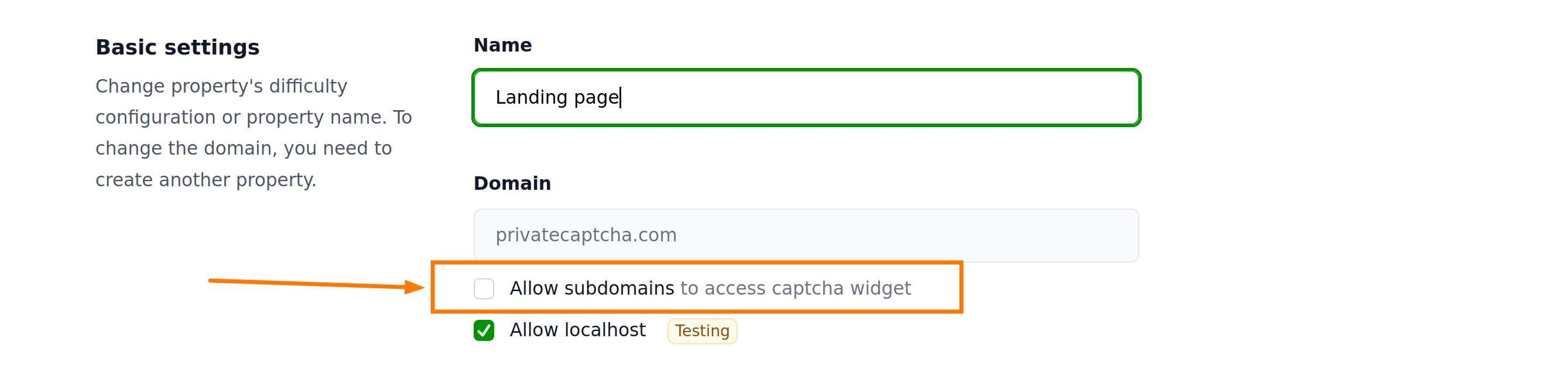 Property settings subdomains